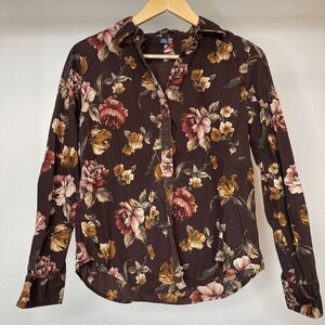 Brown Floral Button Down‎ Long Sleeve Top Petite Large